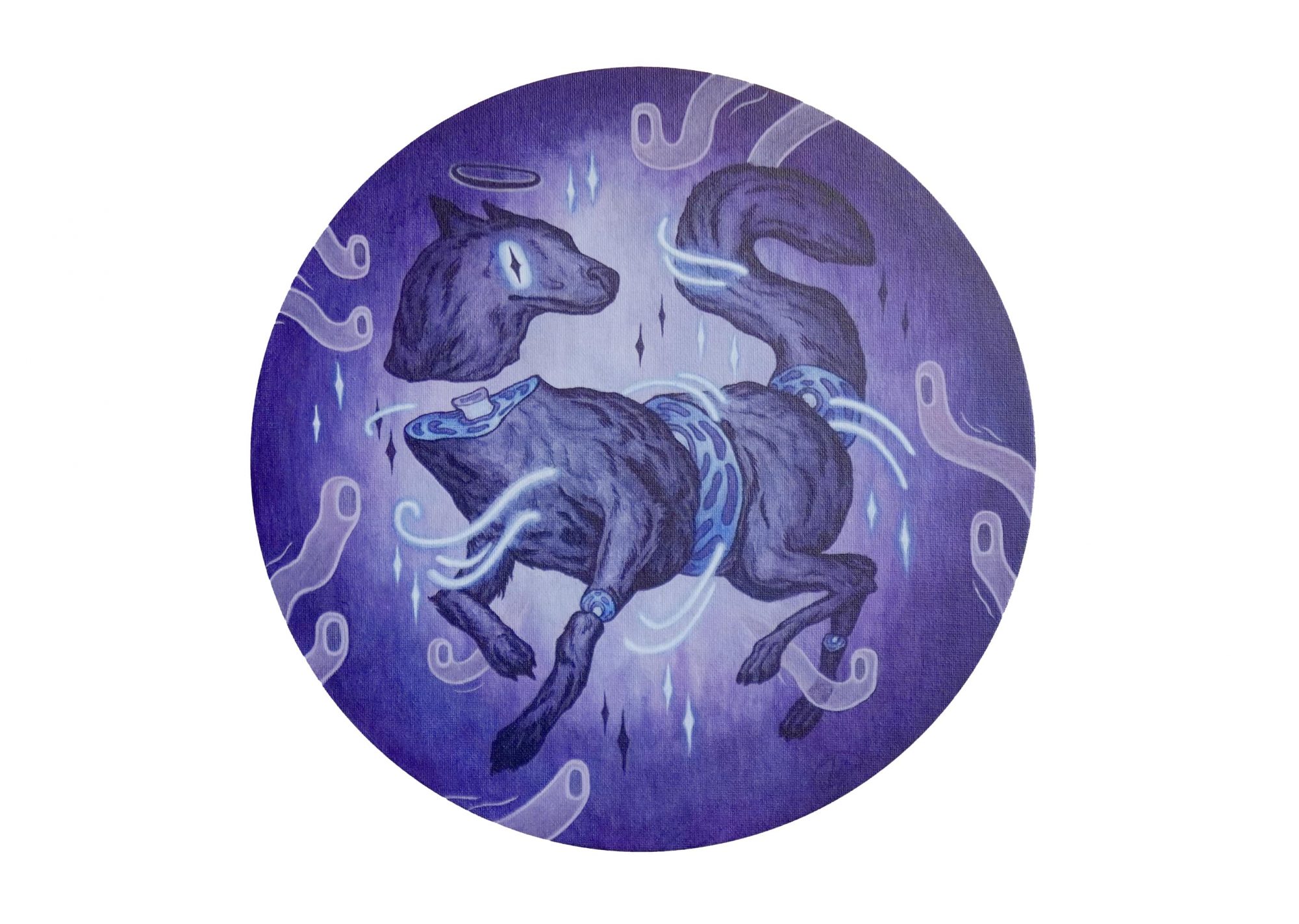 A photo of the acrylic painting "to live is to die" by Julian Hellwig, depicting a wolf being surrounded by the universe and tiny little ghosts in front of an abstract background.