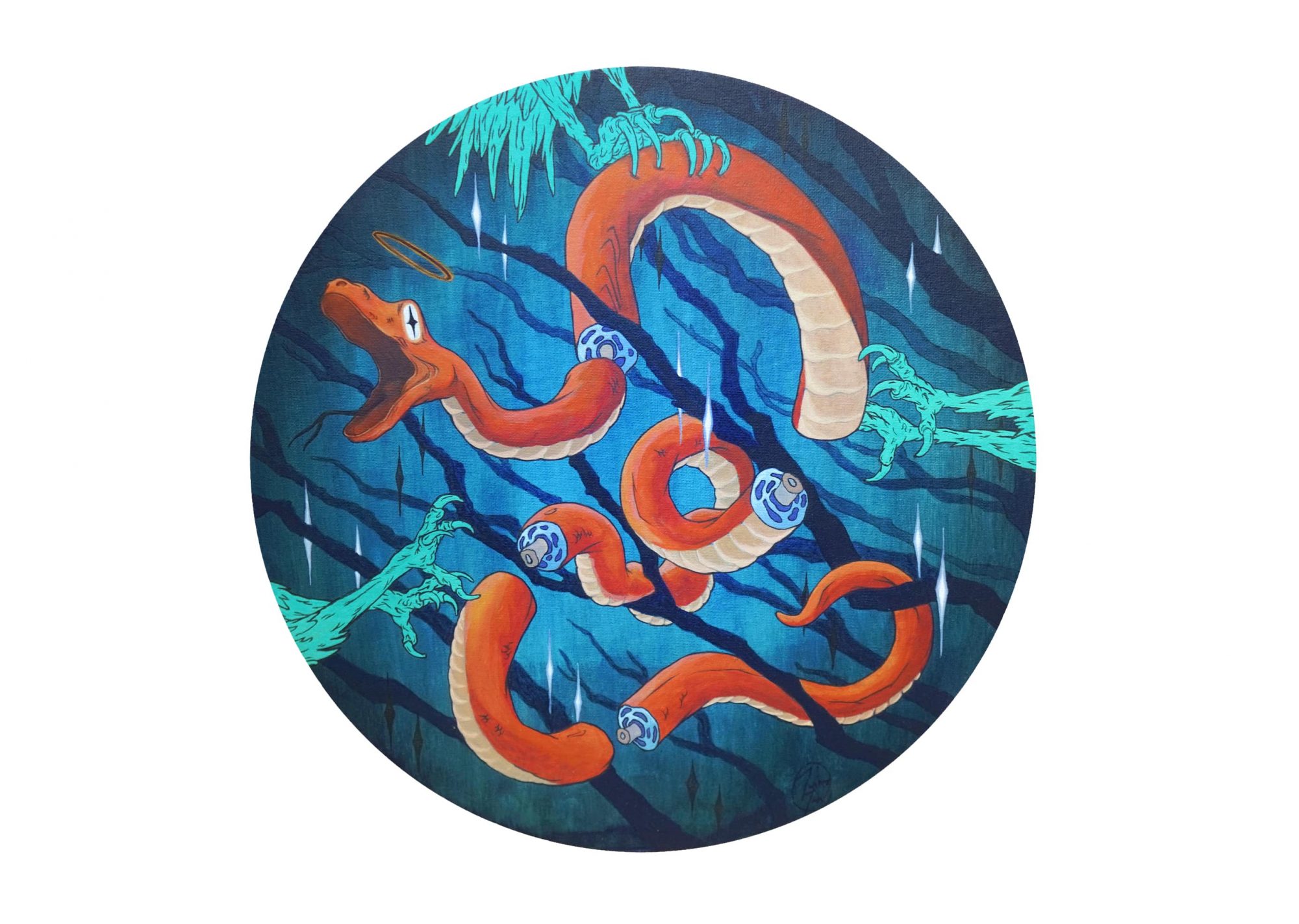 A photo of the acrylic painting "persistence in pieces" depicting a snake in pieces, being attack and struggling for survival in front of an abstract background. Painting by Julian Hellwig, acryl on canvas, 40 by 40cm