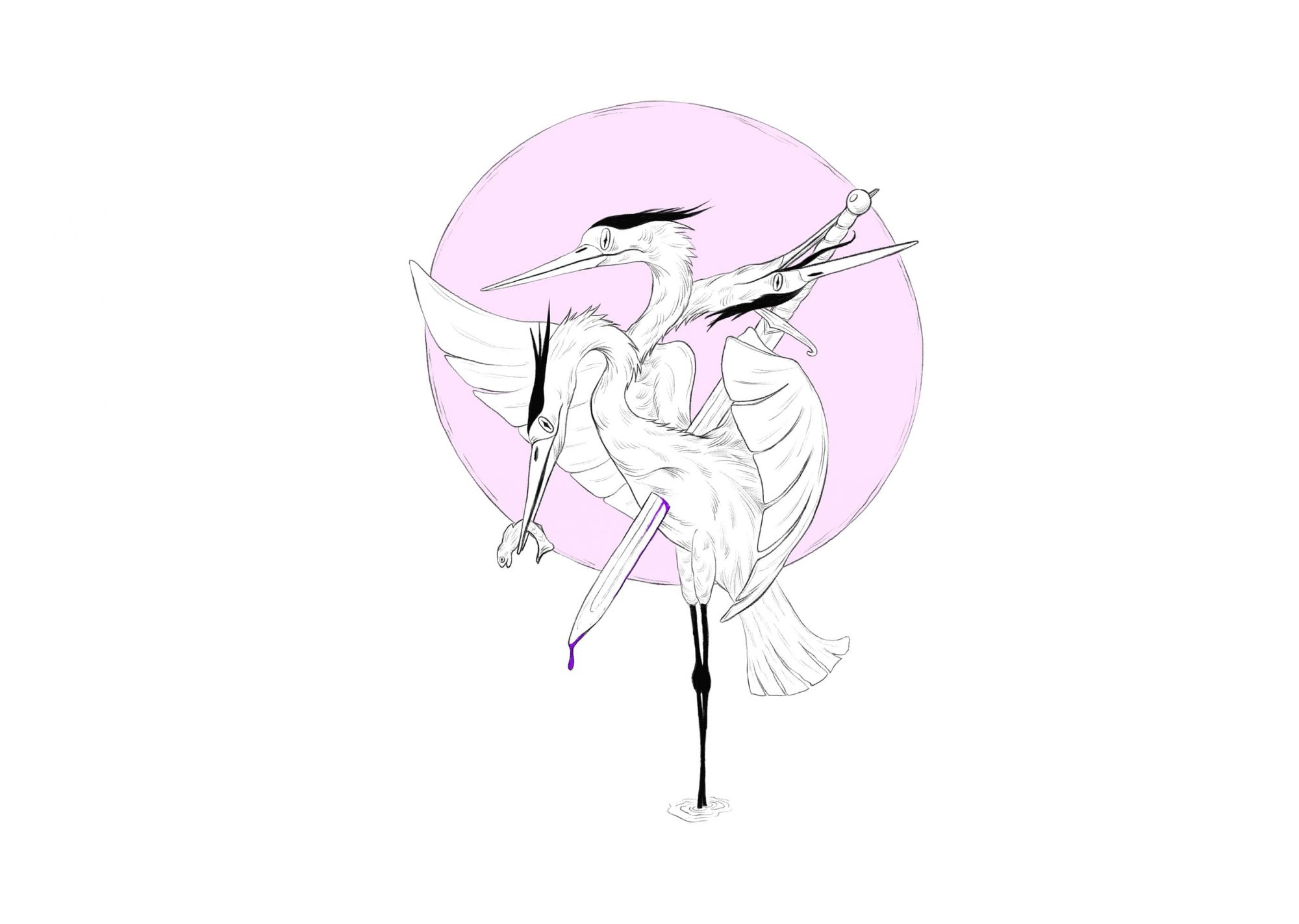 A digital painting called "self-manipulation by Julian Hellwig, depicting a bird with three heads, doing weirdly human things, quietly telling an emotinal story.