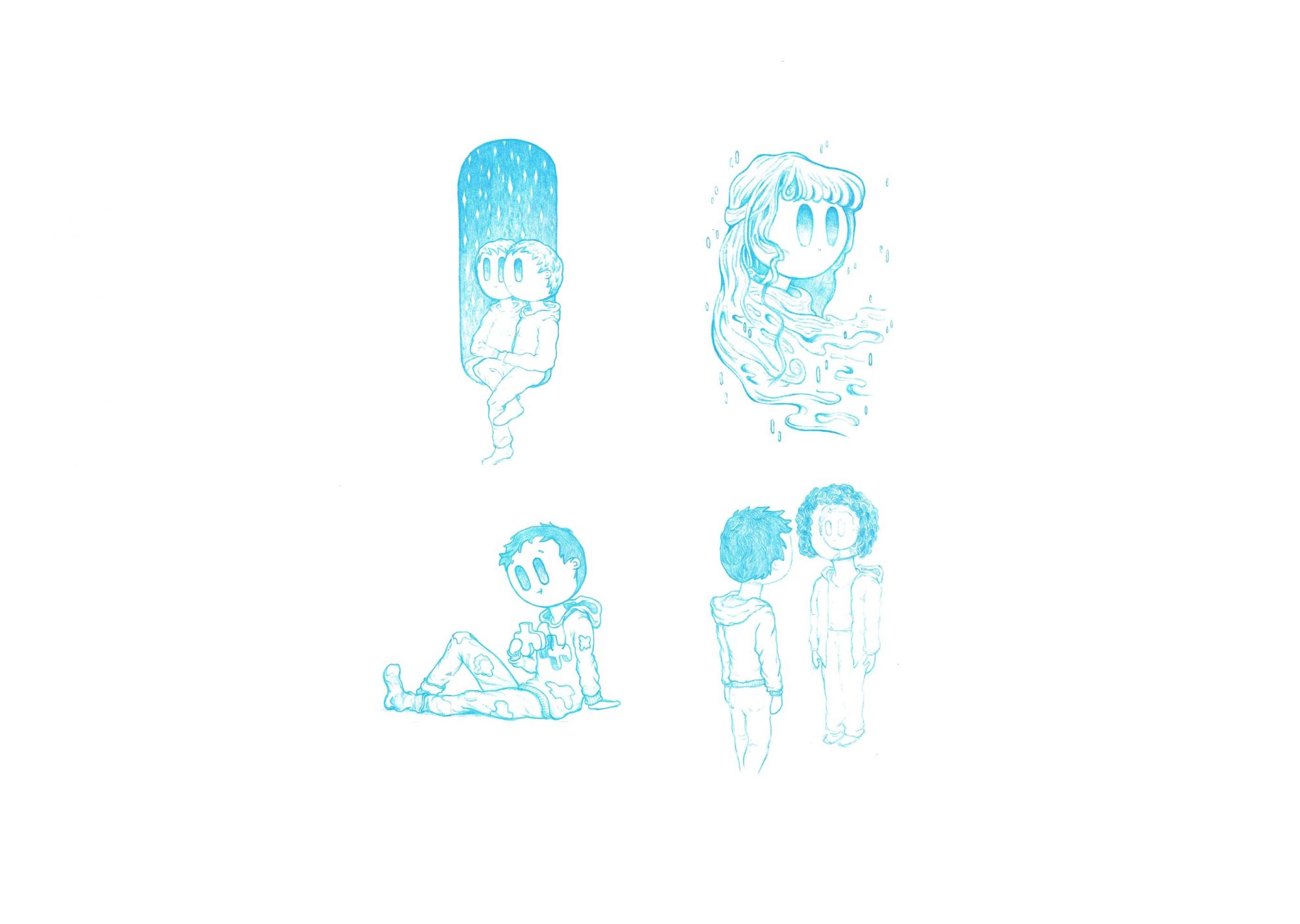 An overview of Sketches done by Julian Hellwig, blue colored pencil on moleskine paper, deeply personal art with an emotional side.