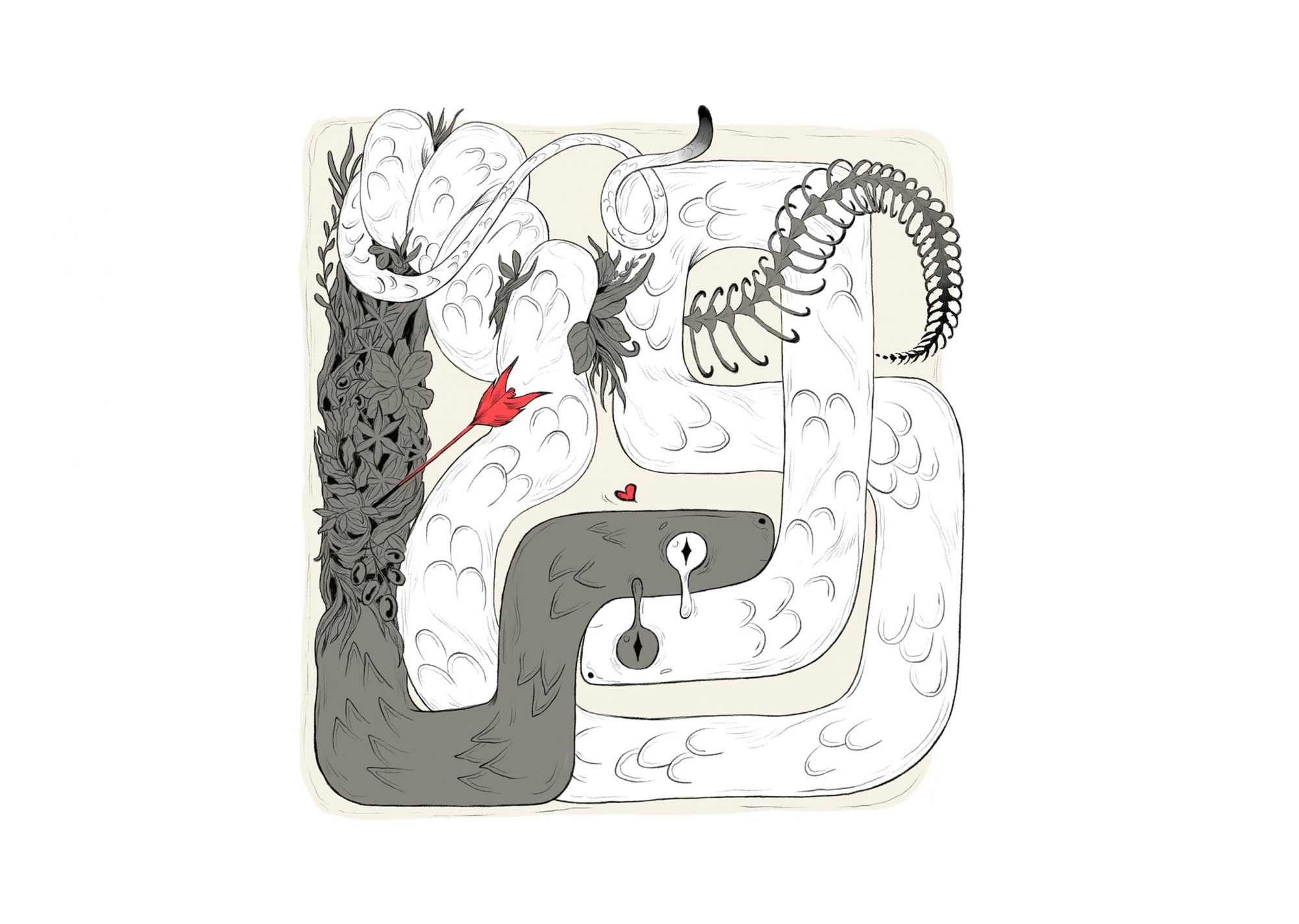 Digital painting depicting two snakes, entagled with each other, telling an emotional story about love and loss, painted by Julian Hellwig